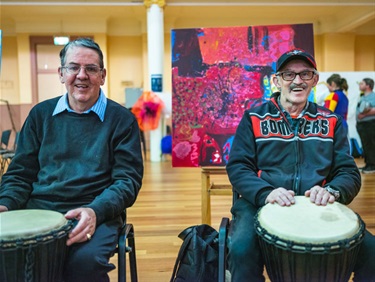 Langford Creative Drumming Circle – two male drummers playing at the 2021 ATC launch event
