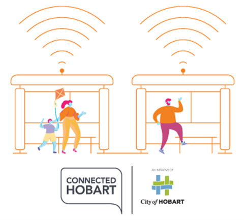 Illustration of people in smart bus shelters with CoH/Connected Hobart lockup