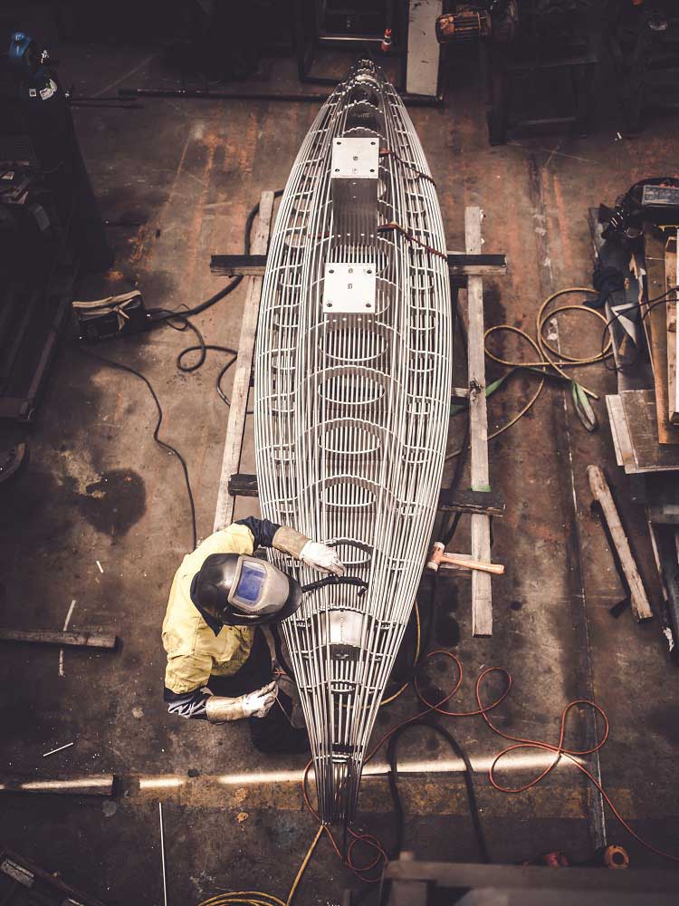 The canoe during fabrication at Dynamic Welding, Moonah.