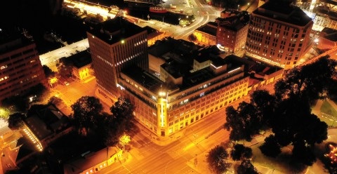 Night aerial view of Hobart's Town Hall 