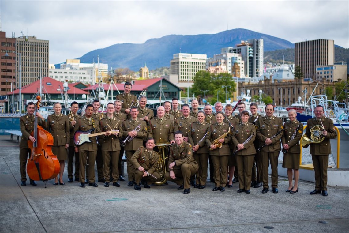 Australian Army Band poses for a photo in Hobart