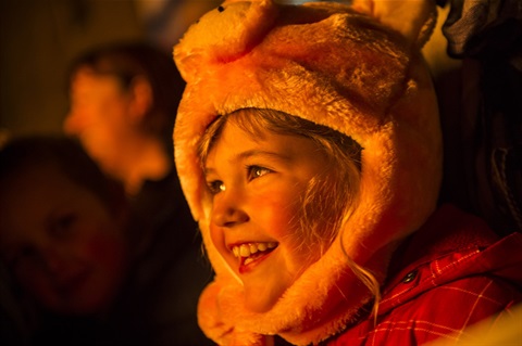 Child in plush costume with the glow of a fire on his face