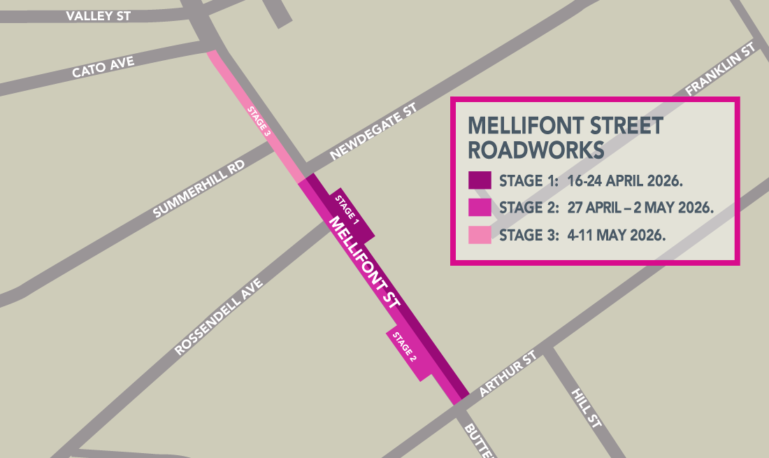 Map showing Mellifont Street roadworks