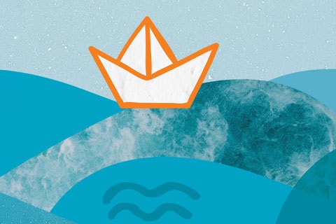 Illustration of paper boat sailing over flood waters