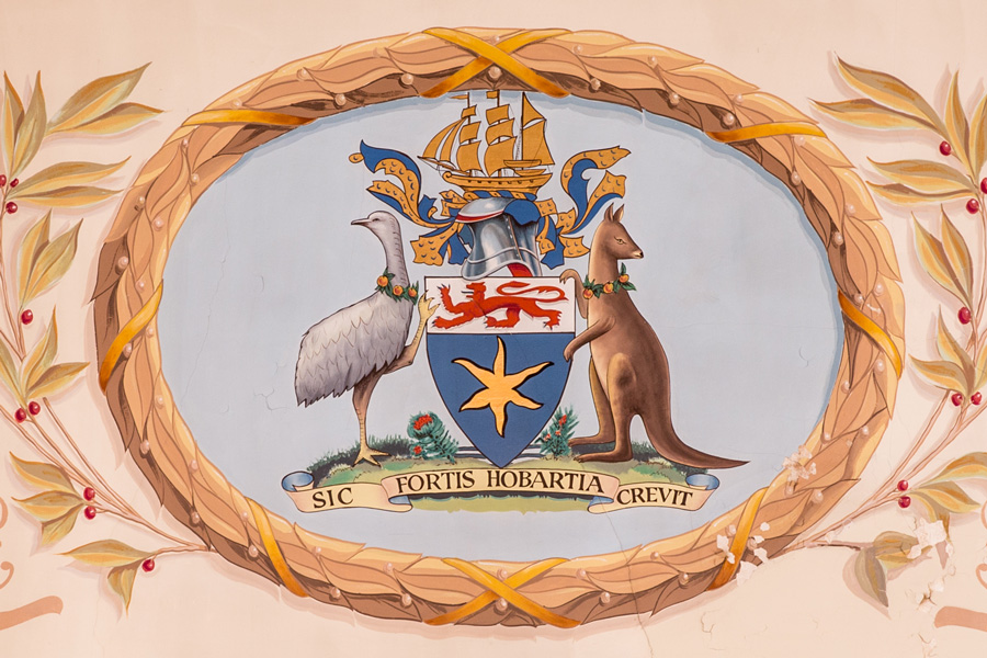 Hobart Coat of Arms painted on a wall in Town Hall